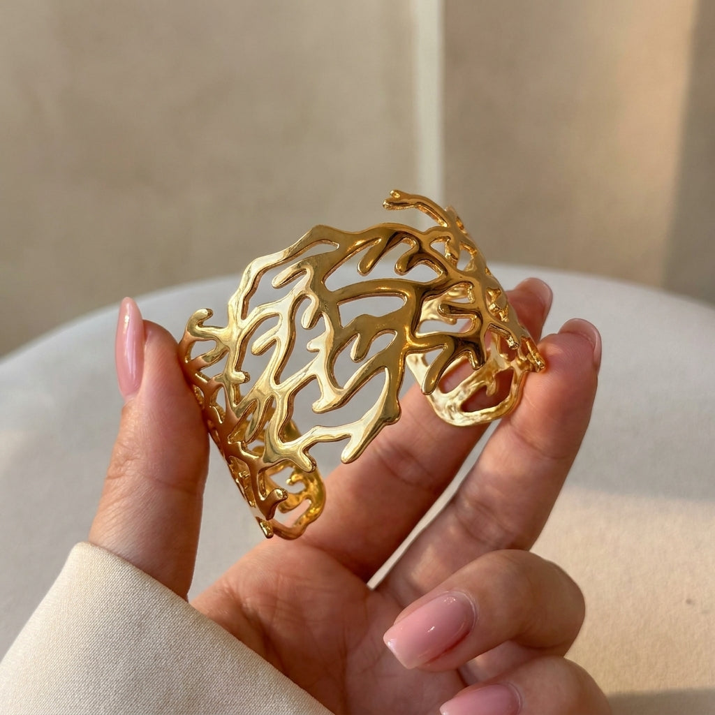 Golden Coral Cutwork Cuff Bracelet