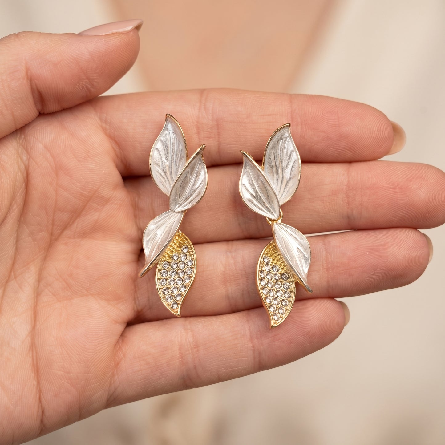 Golden Leaf Crystal Drop Earrings