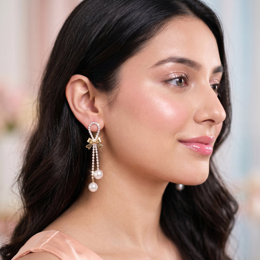 Crystal Bow Pearl Drop Earrings