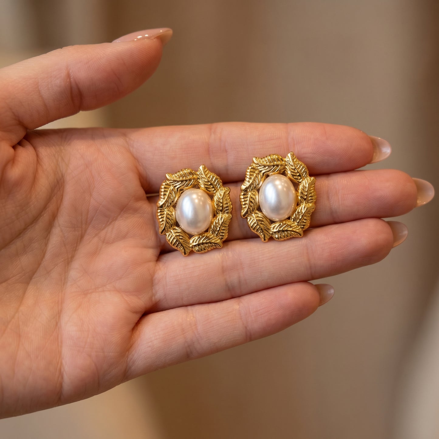 Golden Leaf Pearl Studs