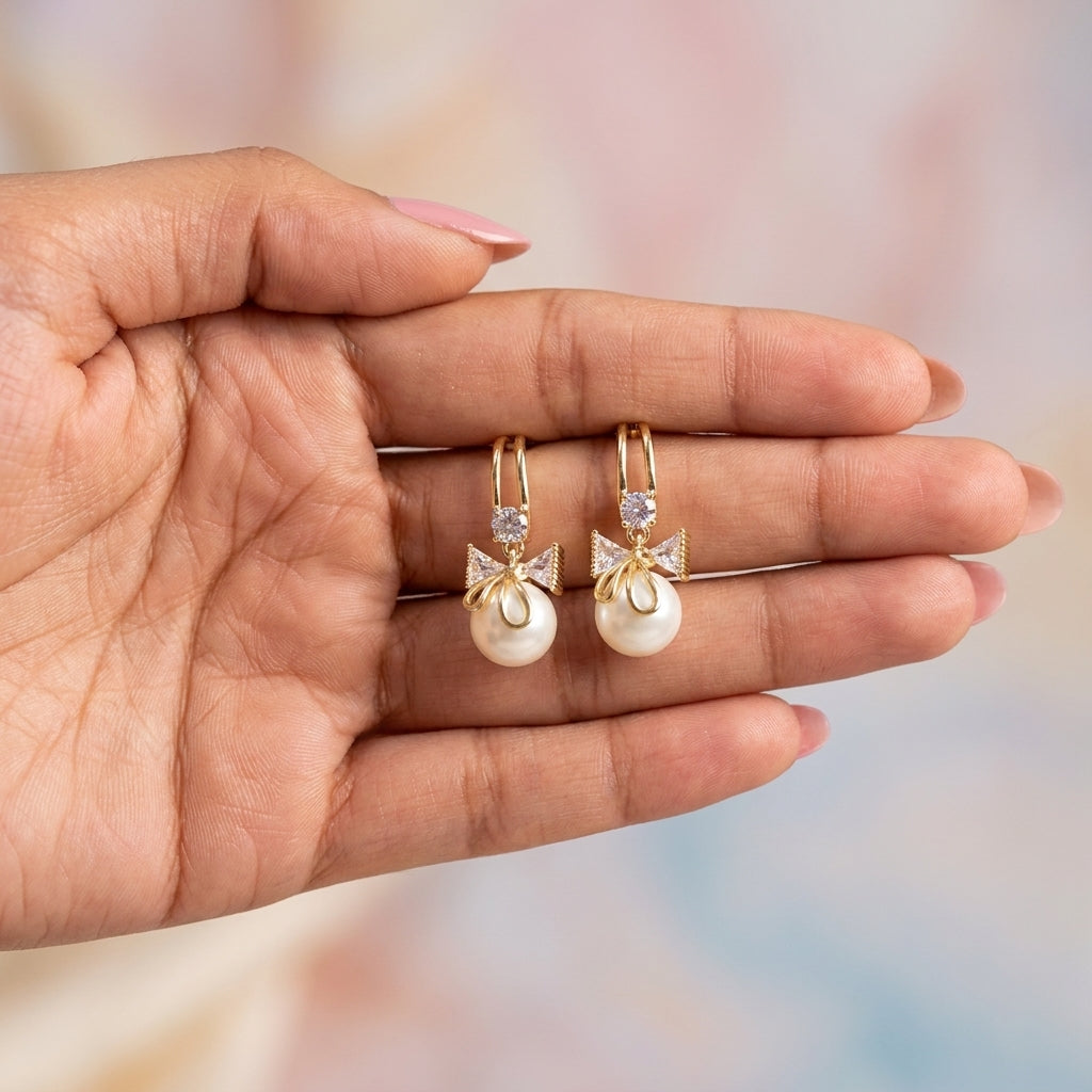 Golden Bow Pearl Drop Earrings