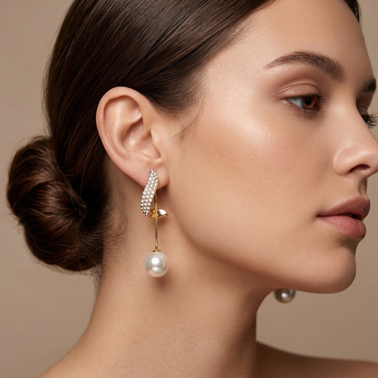 Golden Pearl Drop Arc Earrings