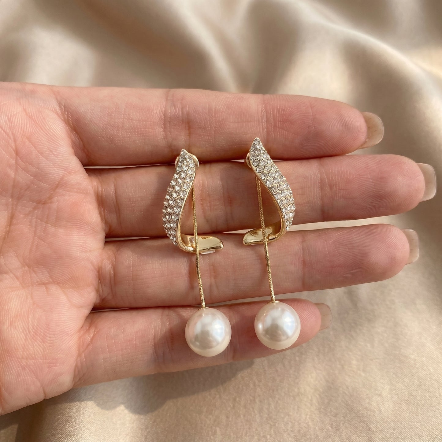 Golden Pearl Drop Arc Earrings