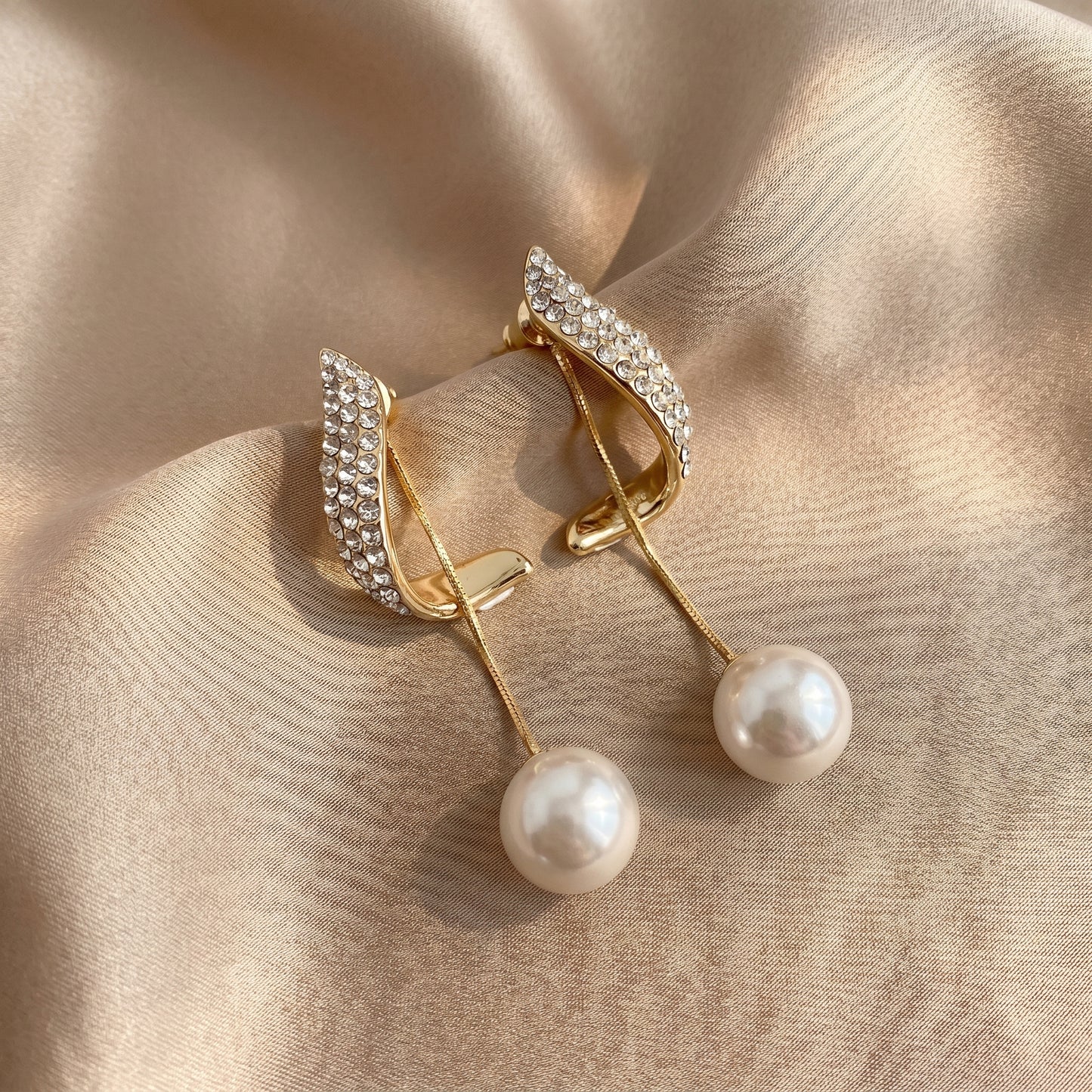 Golden Pearl Drop Arc Earrings