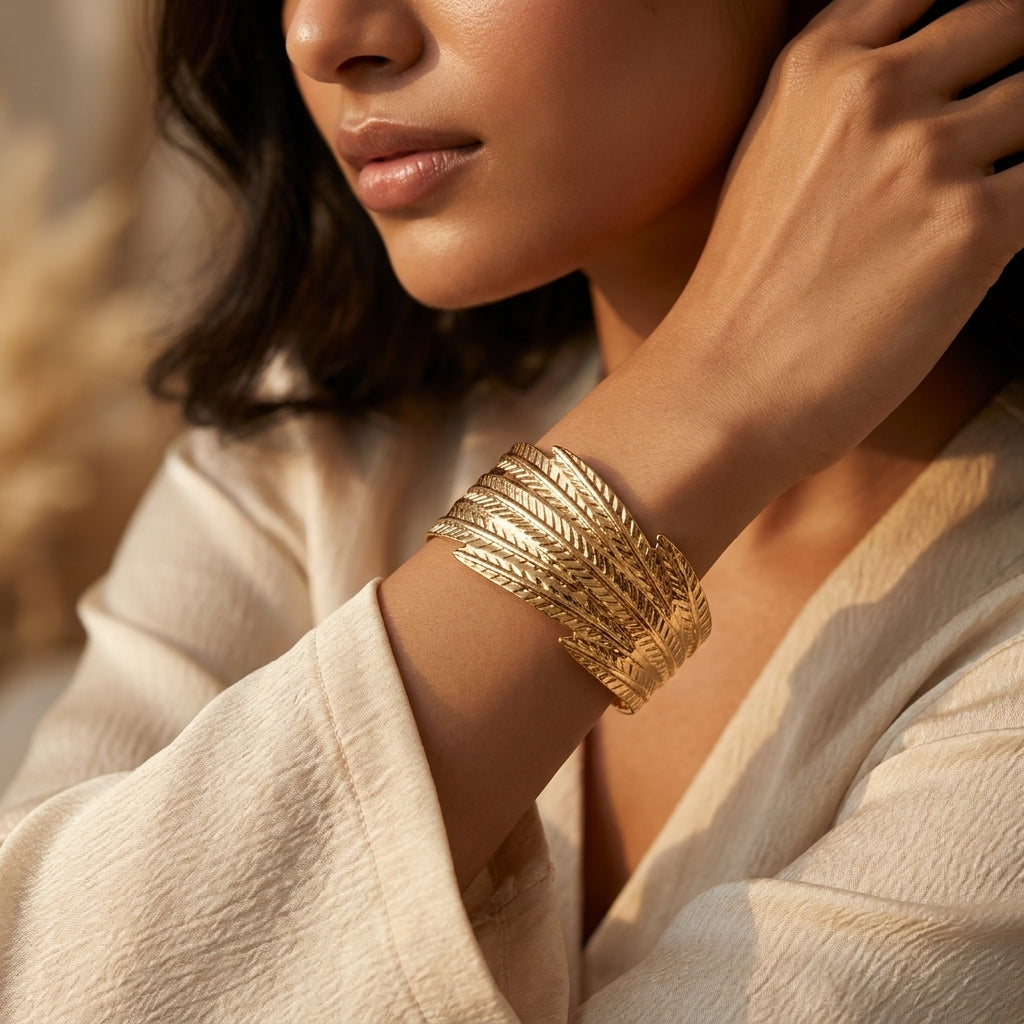 Golden Feather Wrap Cuff Bracelet