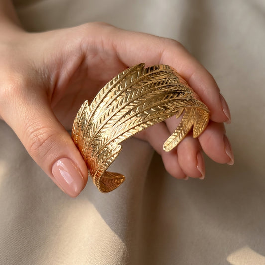 Golden Feather Wrap Cuff Bracelet