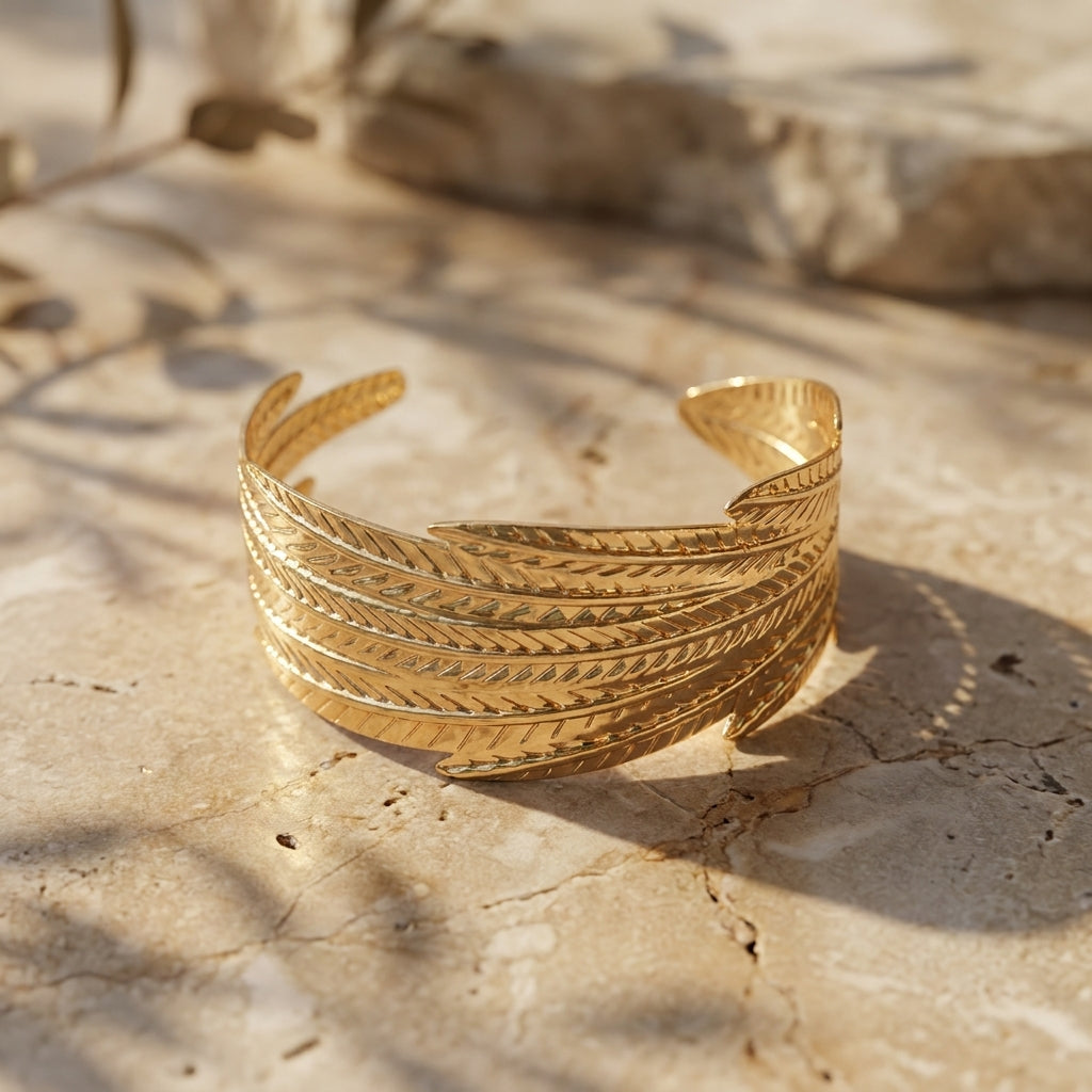 Golden Feather Wrap Cuff Bracelet
