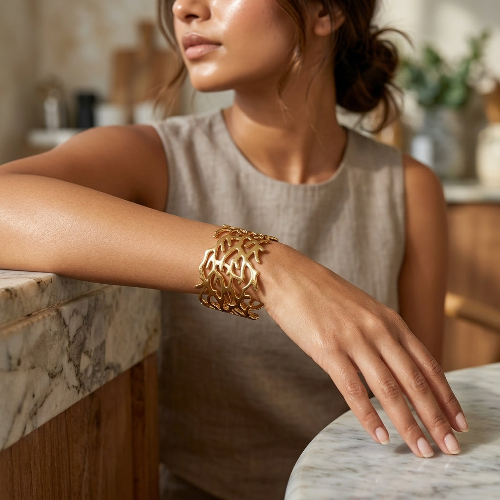 Golden Coral Cutwork Cuff Bracelet