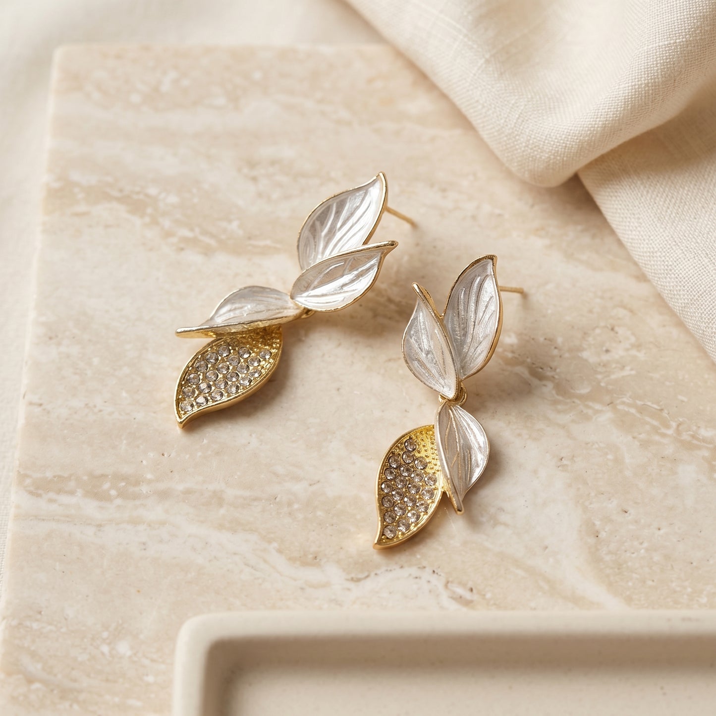 Golden Leaf Crystal Drop Earrings