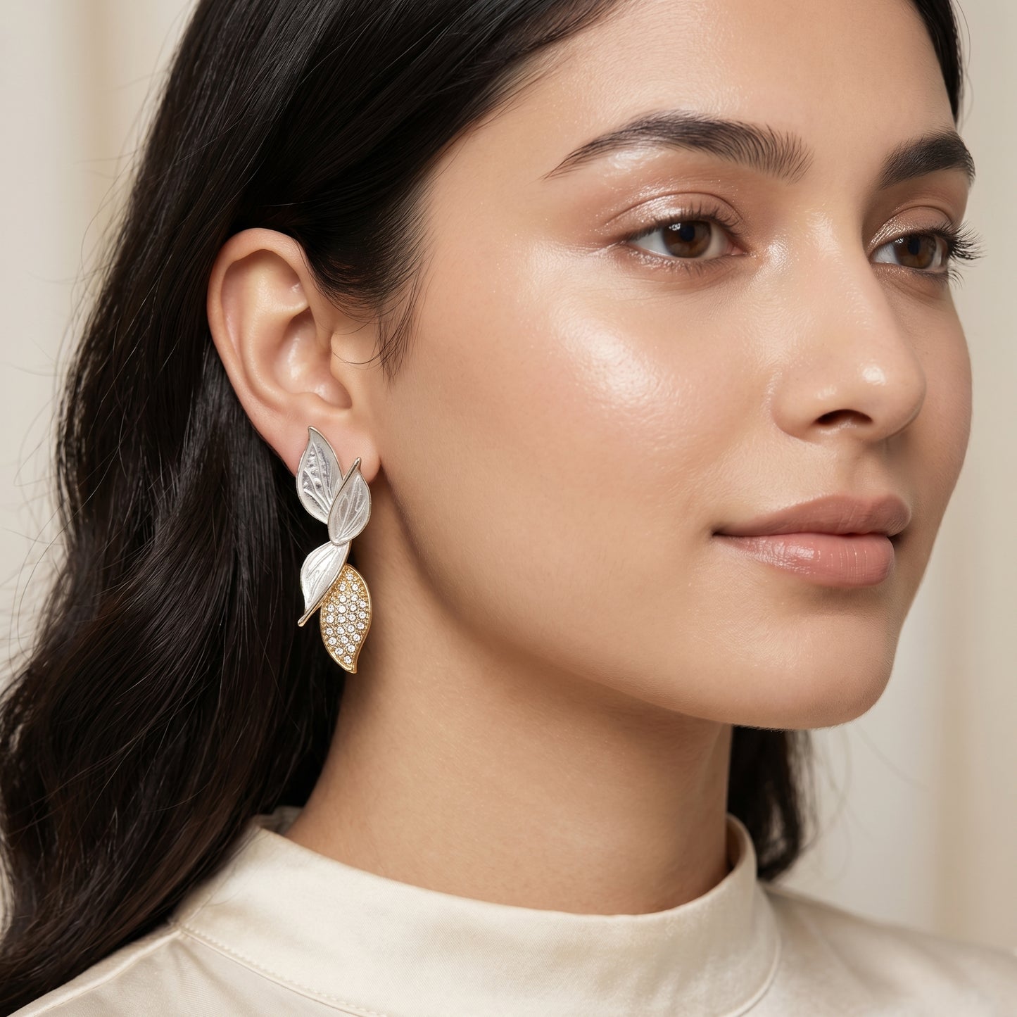 Golden Leaf Crystal Drop Earrings