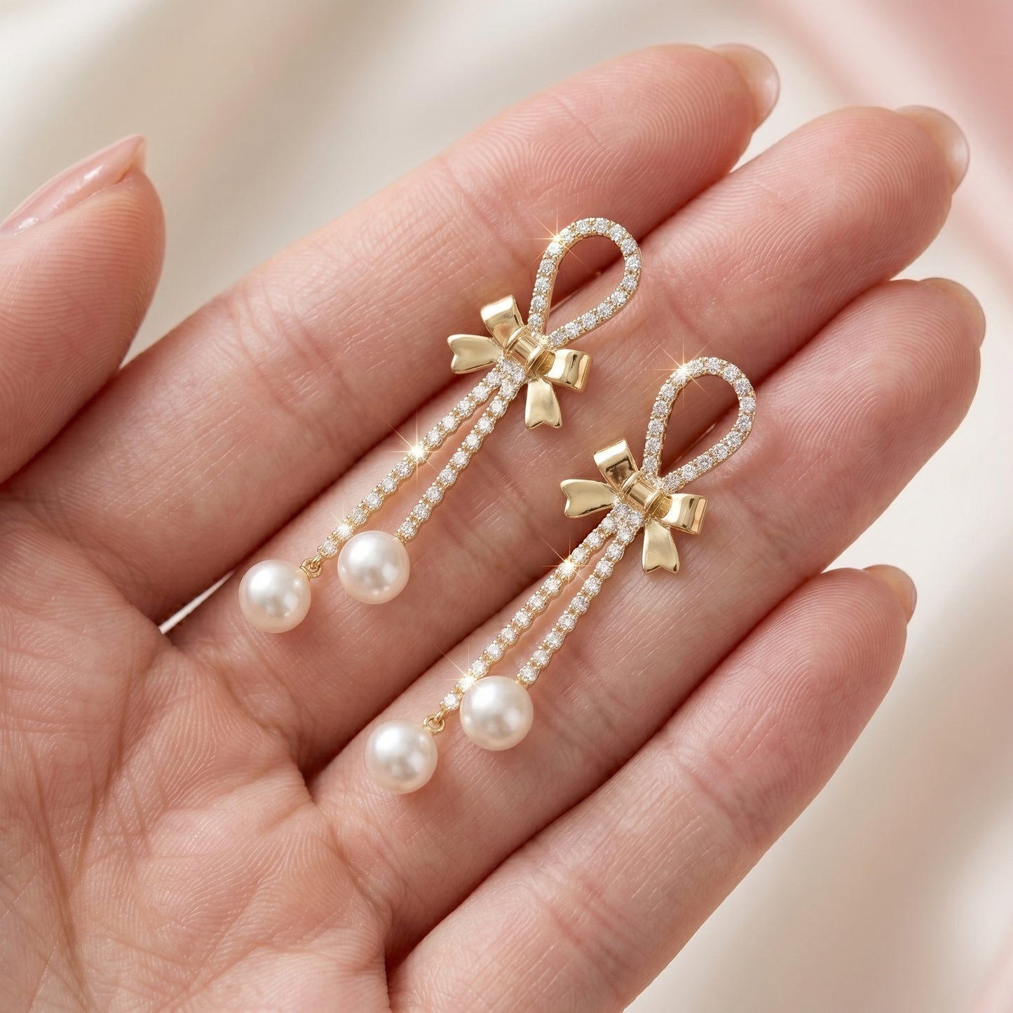 Crystal Bow Pearl Drop Earrings