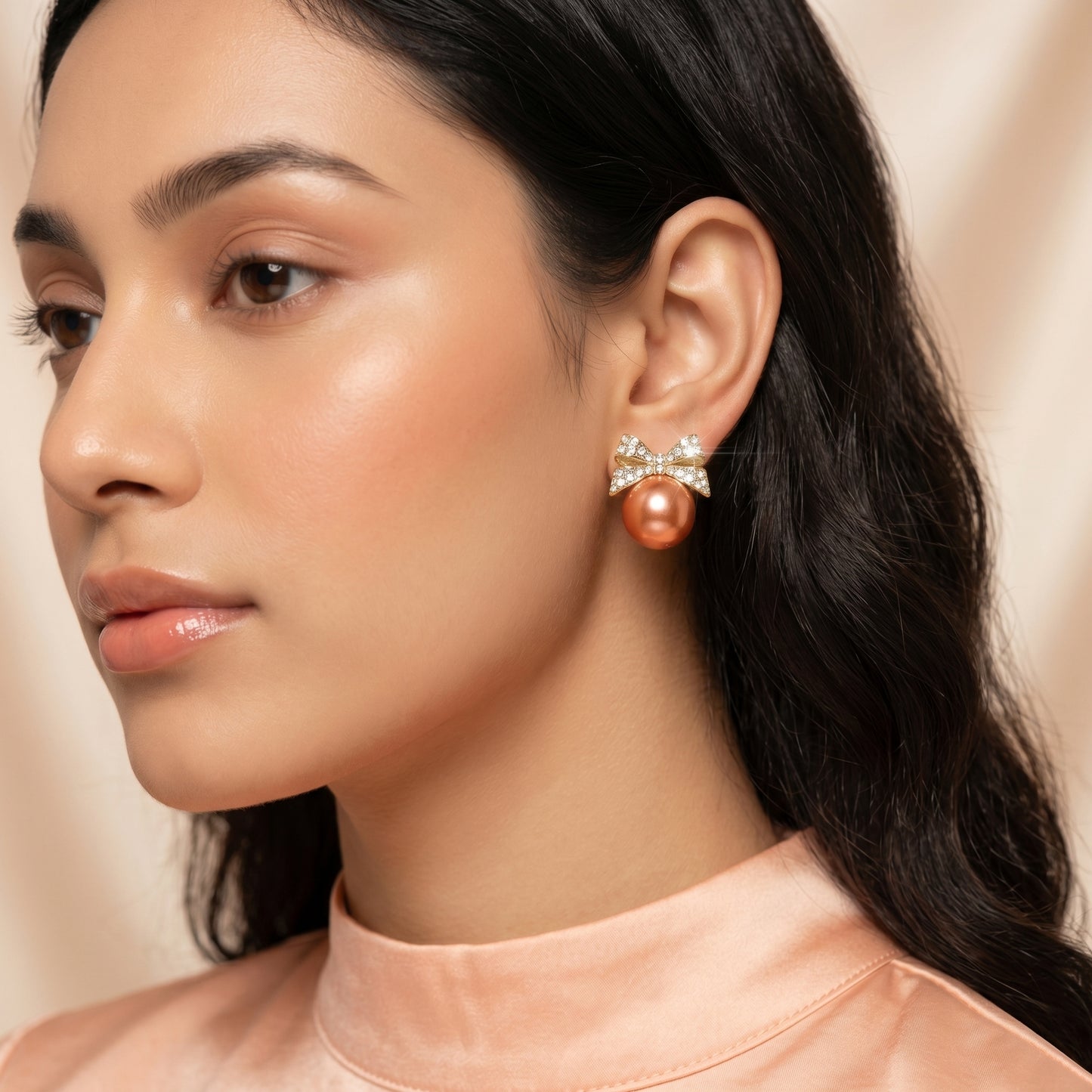 Blush Bow Pearl Stud Earrings