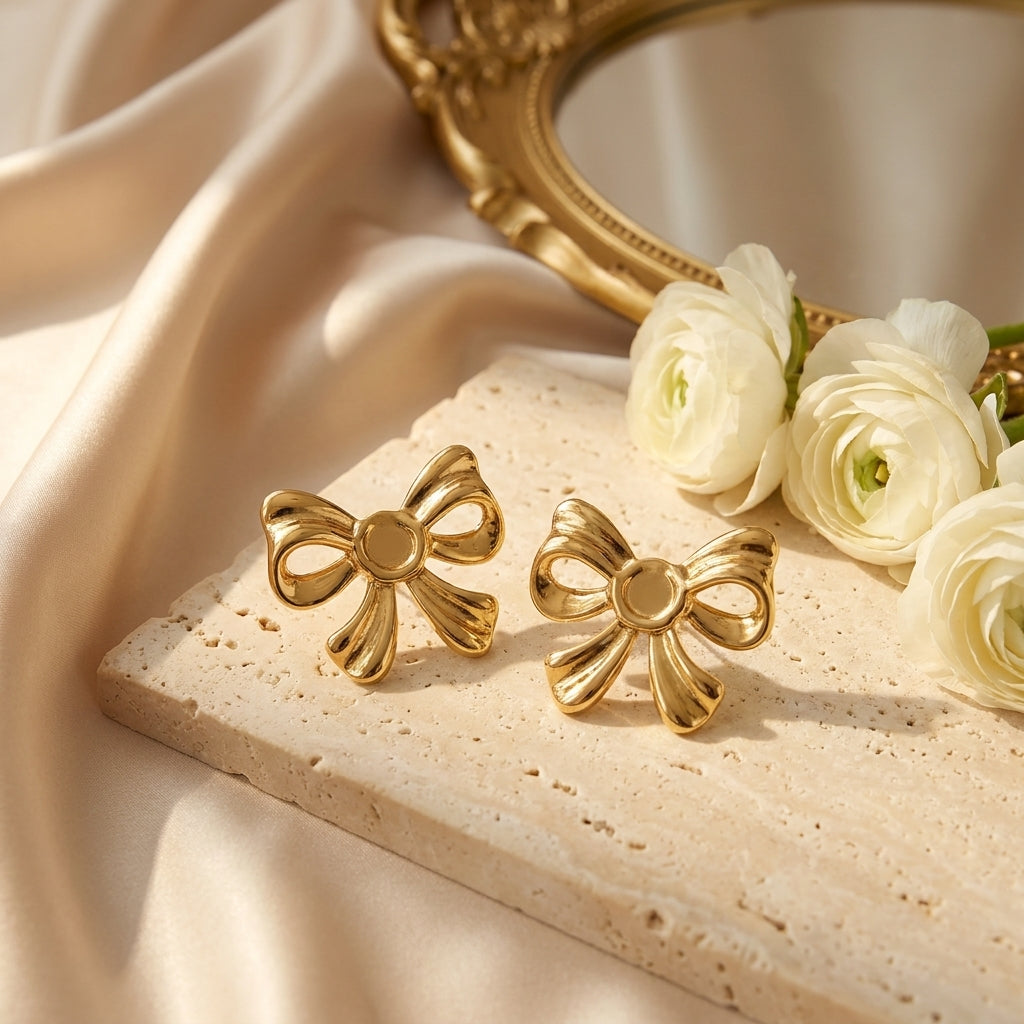 Golden Bow Statement Stud Earrings