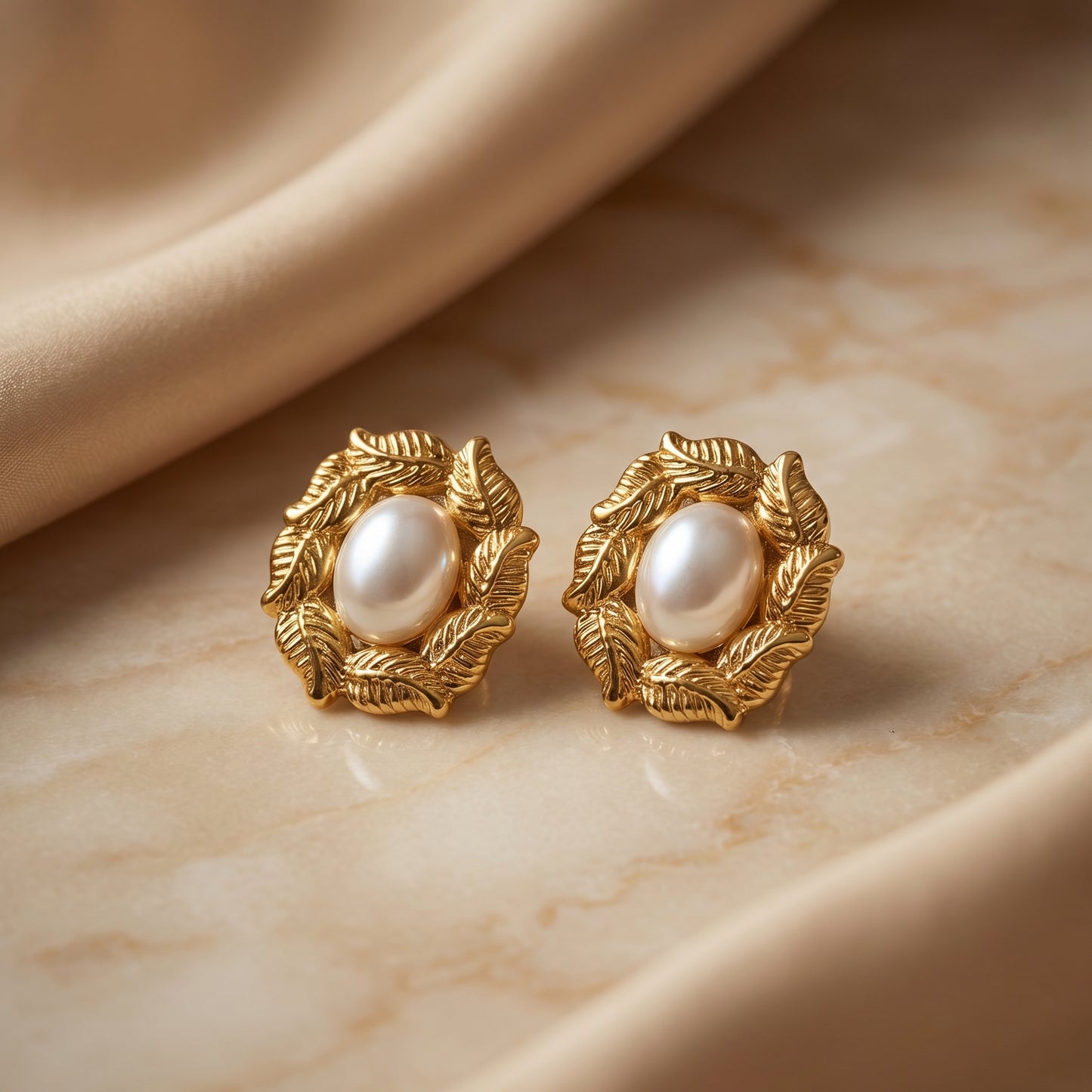 Golden Leaf Pearl Studs