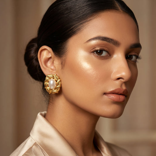 Golden Leaf Pearl Studs