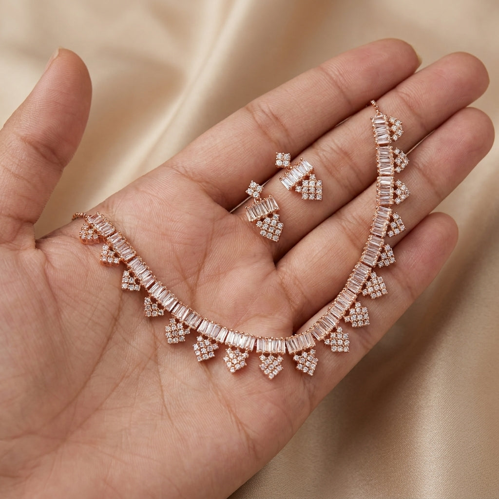 Rose Gold Crystal Charm Necklace Set