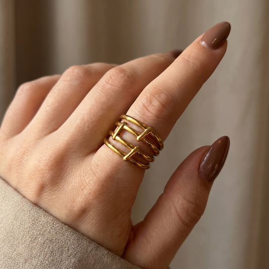 Golden Grid Statement Ring
