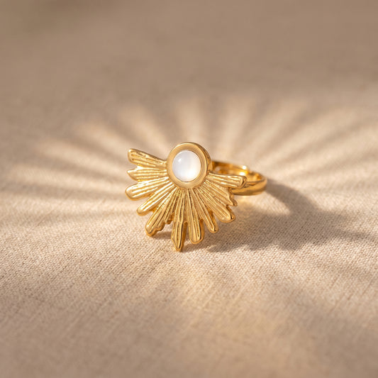 Golden Sunburst Pearl Statement Ring