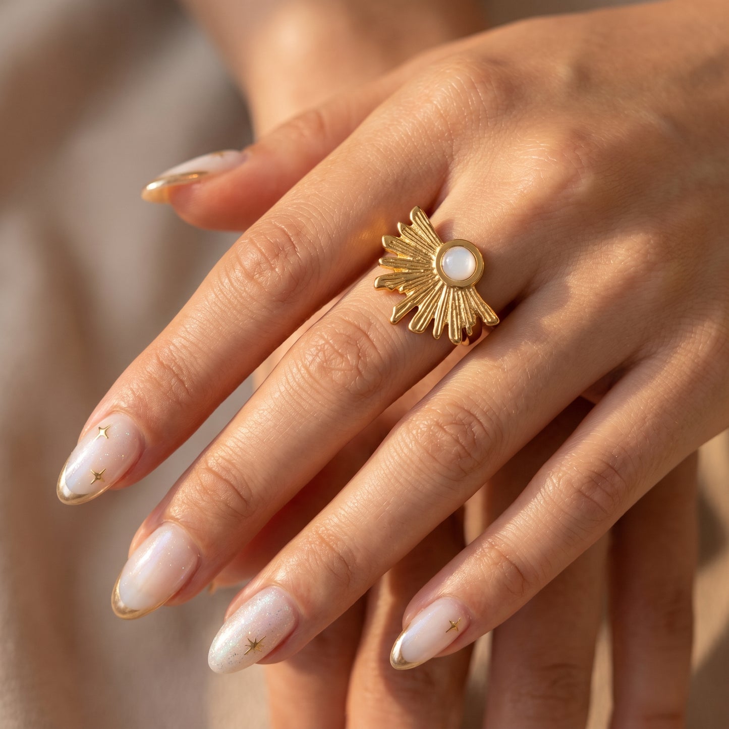 Golden Sunburst Pearl Statement Ring