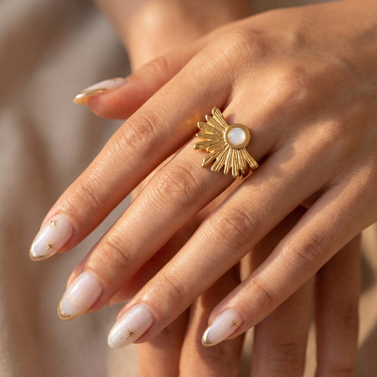 Golden Sunburst Pearl Statement Ring