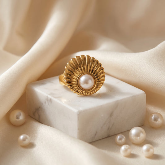 Golden Pearl Sunburst Ring